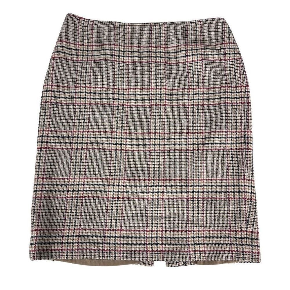 Talbots Plaid Wool Blend Straight Skirt size 12 Tan Red Black